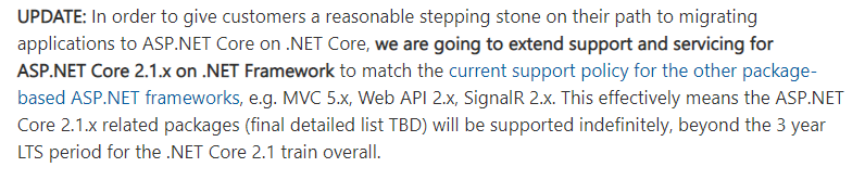 giovannibassi's tweet image. Vocês viram que o #aspnetcore 2.1 quando rodar sobre o #netframework vai ter tempo de suporte "indefinido" (no sentido de não ter fim)? Isso pq o #aspnetcore 3 não vai rodar sobre .NET Framework.
Isso foi colocado em um blog post. devblogs.microsoft.com/aspnet/a-first…