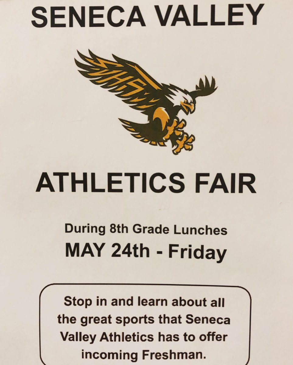 Hey <a href="/RCMSHAWKS/">Roberto Clemente MS</a>  going to <a href="/SenecaValleyHS/">SVHS Screaming Eagles</a>  —<a href="/SVHSathletics/">SENECA VALLEY ATHLETICS</a> will be at 8th grade lunches this Friday to answer questions, meet coaches, and hand out paper work. Make sure you stop by so you are ready in the fall.