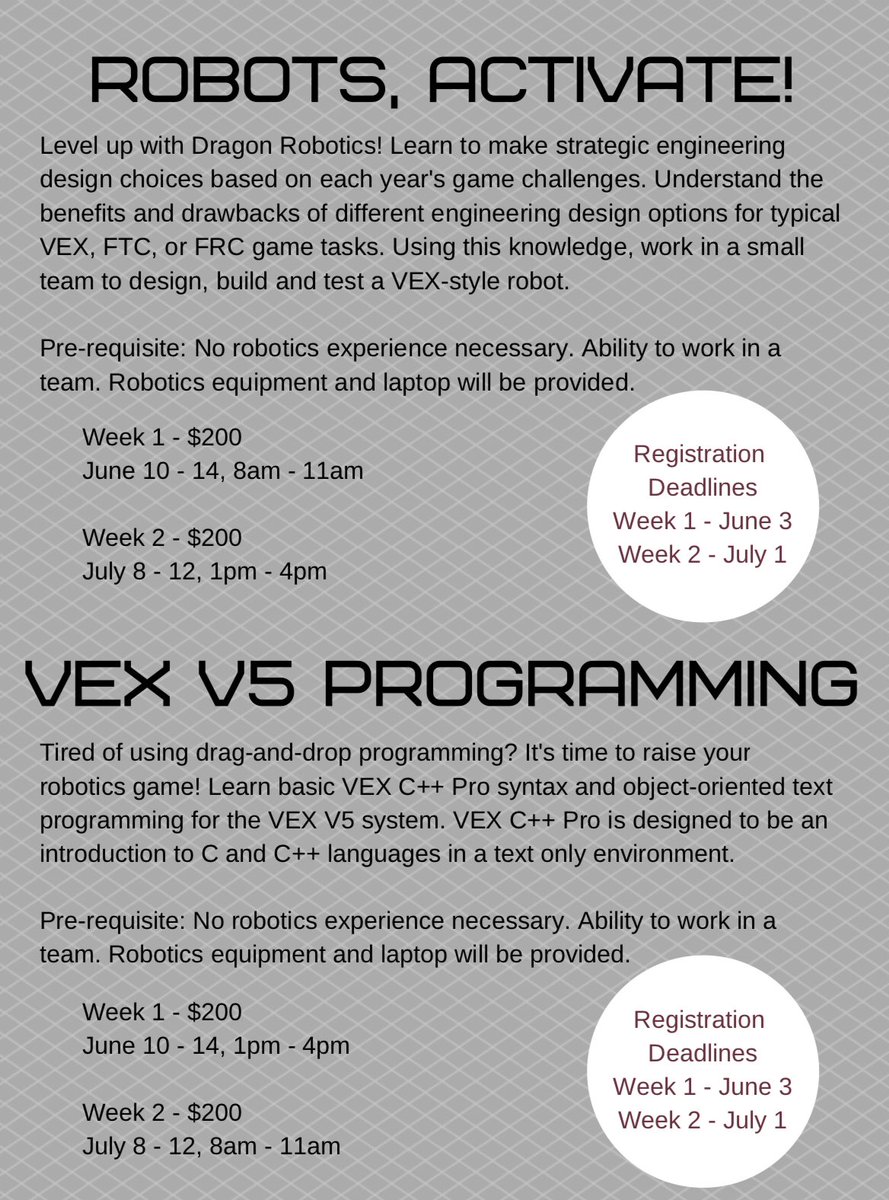 CHS Counseling (@dragon_guidance) on Twitter photo Robots and programming and VEX, oh my! CHS offers many camps this summer, including Robotics Camp with <a href="/dragon_robotics/">Dragon Robotics</a> ! Robots and programming and VEX, oh my! CHS offers many camps this summer, including Robotics Camp with <a href="/dragon_robotics/">Dragon Robotics</a> !