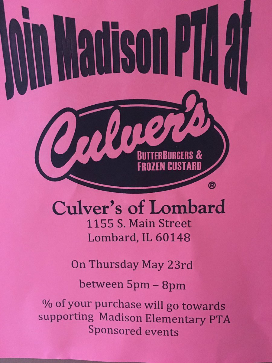Mark your calendars!  Thursday is the PTA monthly restaurant fundraiser.
5-8pm at the Lombard Culver’s. #madison44
🍔🥤