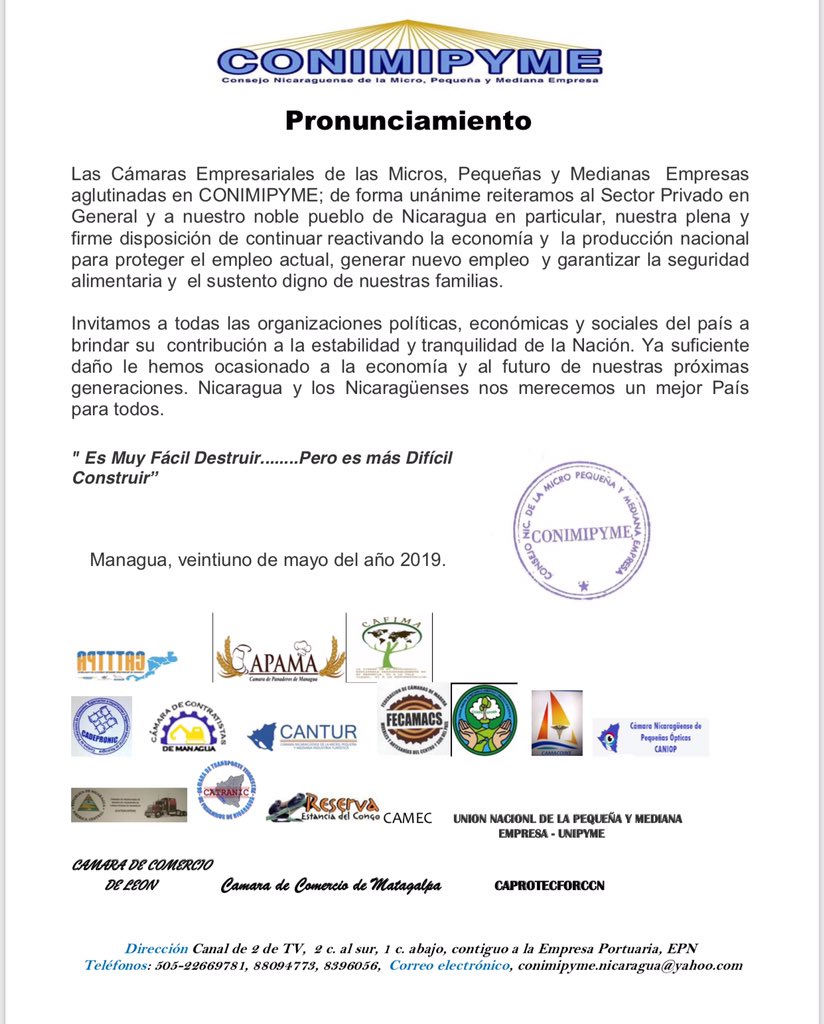 CDNN23Nicaragua's tweet photo. #Conimipyme manifiesta que desean seguir reactivando la economía nacional y no apoyan el Paro Nacional que se convoca. #SeguimosInformando https://t.co/lFzETNvF9m https://t.co/kWGMGR2Aa8
