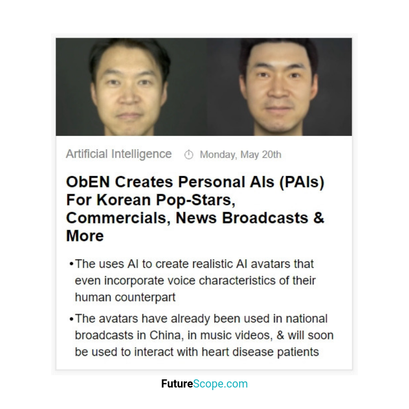 FutureScopeNews's tweet photo. Latest breakthrough #innovationinsight
ObEN Creates Personal AIs (PAIs) For Korean Pop-Stars, Commercials, News Broadcasts &amp; More
#artificialintelligence #AI #Avatars #Avatar #oben #Innovations #Singularity #trends #future #futurist #futuristic #futurism #futurescope https://t.co/OJsnyosPzQ