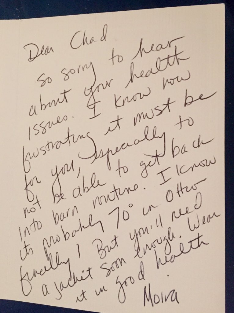 chadmoore1976's tweet photo. This was sent to me from @Hambletonian_ (Moira Fanning) what a nice gesture and I appreciate it. That @Breeders_Crown coat and hats are very nice and the hand written card makes me very happy to have them reach out to me in this time of illness. Thank you once again! @AndPacing https://t.co/KGNdn51xZ3
