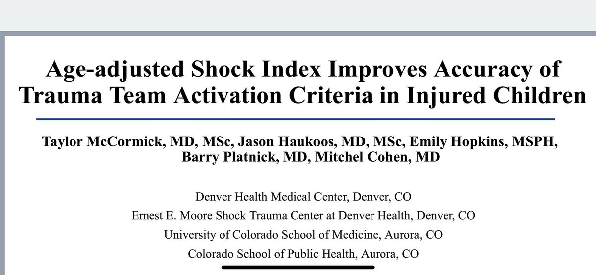 DenverEMed's tweet photo. Congratulations to Dr. Taylor McCormick for winning the #SAEM19     Best Faculty Abstract in #Pediatric #EmergencyMedicine for her work on how 
“Age-Adjusted Shock Index Improves Accuracy in Trauma Team Activation Criteria in Injured Children”

#ThisisDenverEM @DenverHealthMed 🏆 https://t.co/dzN8aktN0z