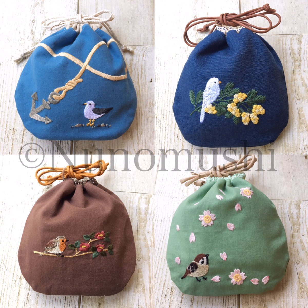 いきもの刺繍作家 Nunomushi 植物 動物刺繍 Twitterren おはようございます トリの市 まであとわずか 簡単ではございますが お品書きを公開していきます まずは巾着から ご好評いただいている ミモザと白い鳥 も追加しました 日本野鳥の会 トリの市