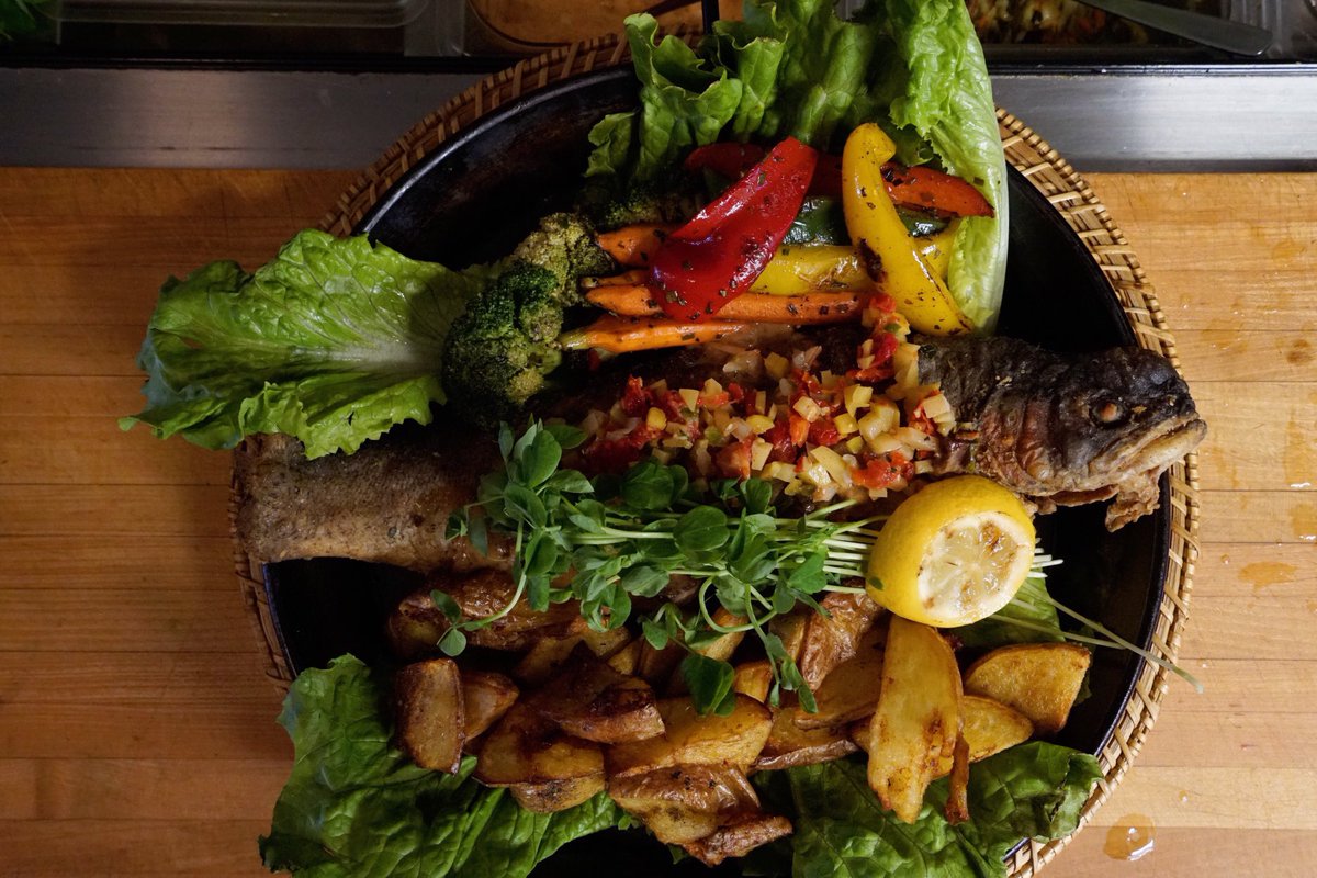 rangefish's tweet image. This week’s feature entrée - crispy fried whole Alberta ruby trout with a Sardinian sausage cream, mango sundried salsa, market veg &amp;amp; choice of saffron rice or herb roasted potatoes.