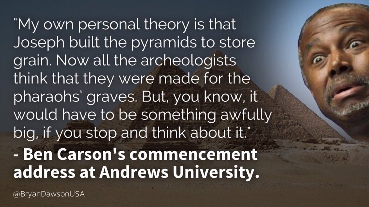 ‪Sure, Secretary of Housing and Urban Development Ben Carson thinks an REO is an #Oreo‬

‪He also thinks:‬
‪1) The Egyptian pyramids were built store grain‬
‪2) Darwin’s evolution is “of the adversary”‬
‪3) Prison makes you gay‬
‪4) Obamacare which insured 21M is the same as slavery‬

‪#Oreos‬