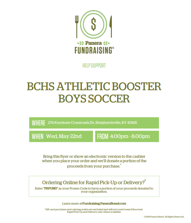 Don't forget!

Tomorrow at 4:30 - physical night in the College and Career Center
Cost is $20 - must have a parent/guardian to fill out paperwork!

Tomorrow from 4:00-8:00 - BC Soccer night at Panera Bread.
Present flyer below - a portion of your meal cost will go to BC Soccer