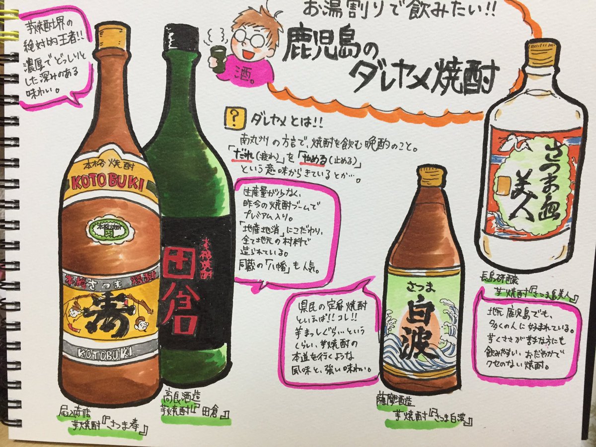 ট ইট র のりひろ 焼酎好きなので描いてみた 今回は渋めの四種 1番なんて決められない O 焼酎 イラスト だれやめ だいやめ さつま寿 田倉 さつま白波 さつま島美人