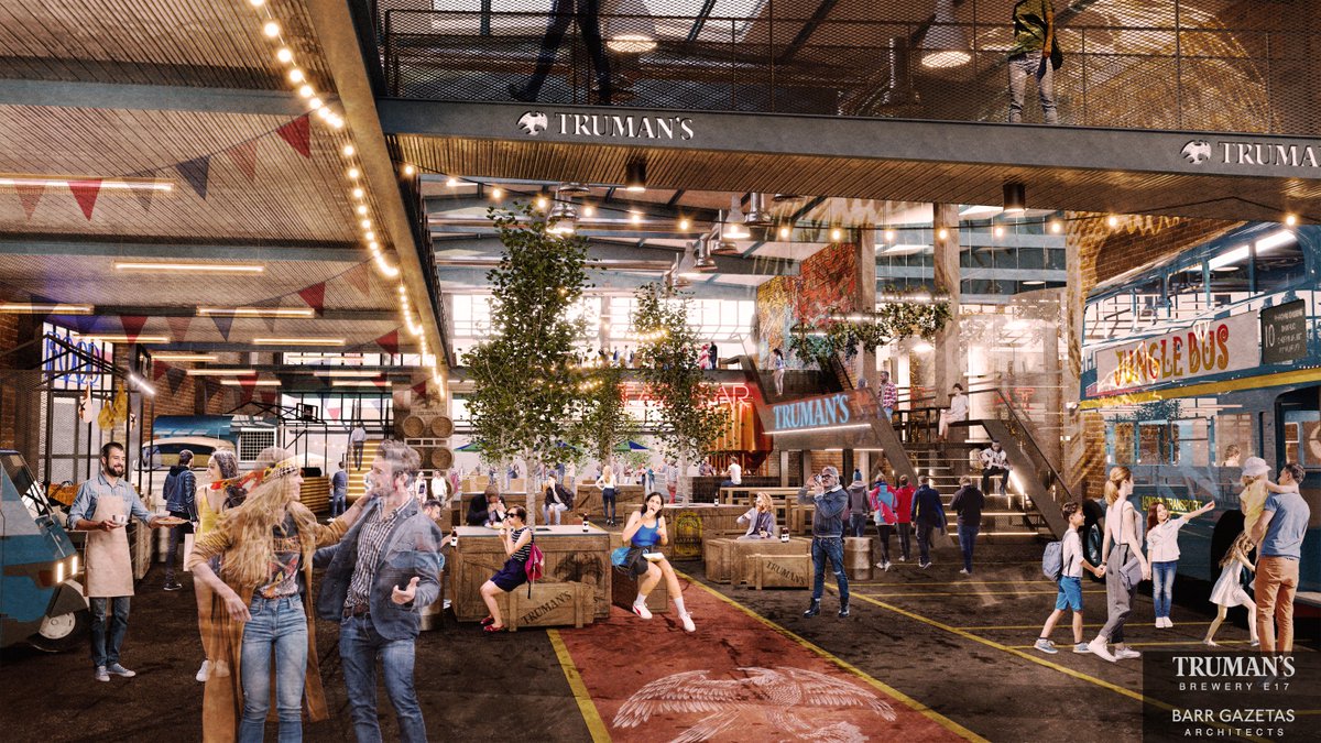 TRUMANSBEER's tweet photo. We're delighted to announce that in early 2020 we'll be moving our brewery to a huge new site in Walthamstow. We'll be able to increase capacity x10 and will also house a Tap Room, Street Food Market, Music Venue &amp; Artist Studios. Here's a visual of what it's going to look like! https://t.co/NMQ4RsFXzj