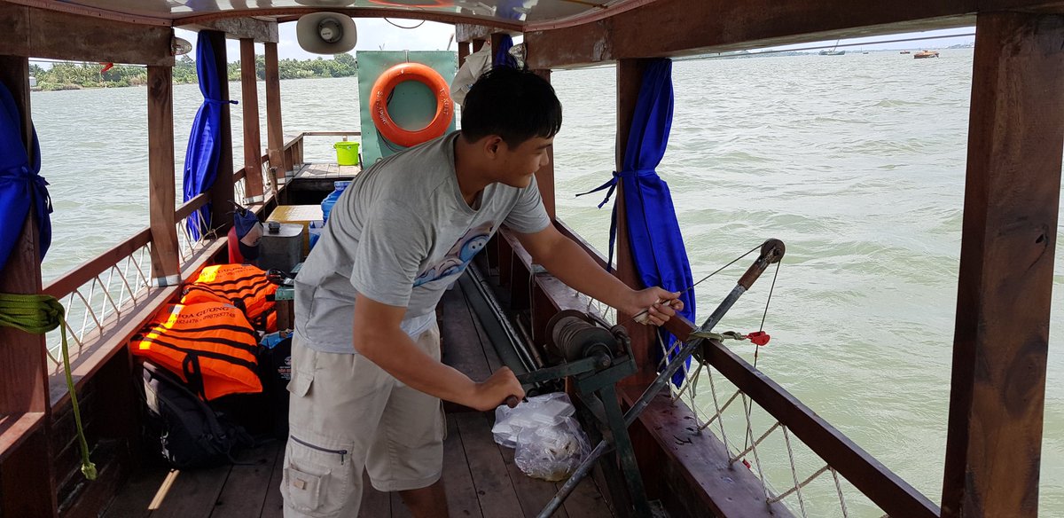 GeomorphicJosh's tweet photo. It's all go aboard #TeamADCP's boat this afternoon as we sample suspended sediment, water characteristics, and the flow hydrodynamics with our Vietnamese colleagues #MekongDelta #Rameses https://t.co/gwfgh7b1P7