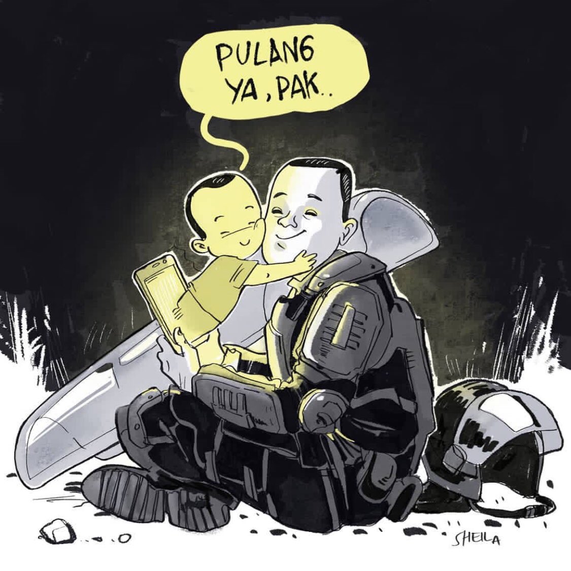 A touchy artwork by the talented Sheila Rooswita. While fasting in Ramadan, lets send prayer to our national police &amp; army to stay true. Semoga segera bisa berkumpul keluarga. Semoga tak ada pemuda pemudi naif Indonesia yang menjadi korban provokasi. #tnipolritakterprovokasi