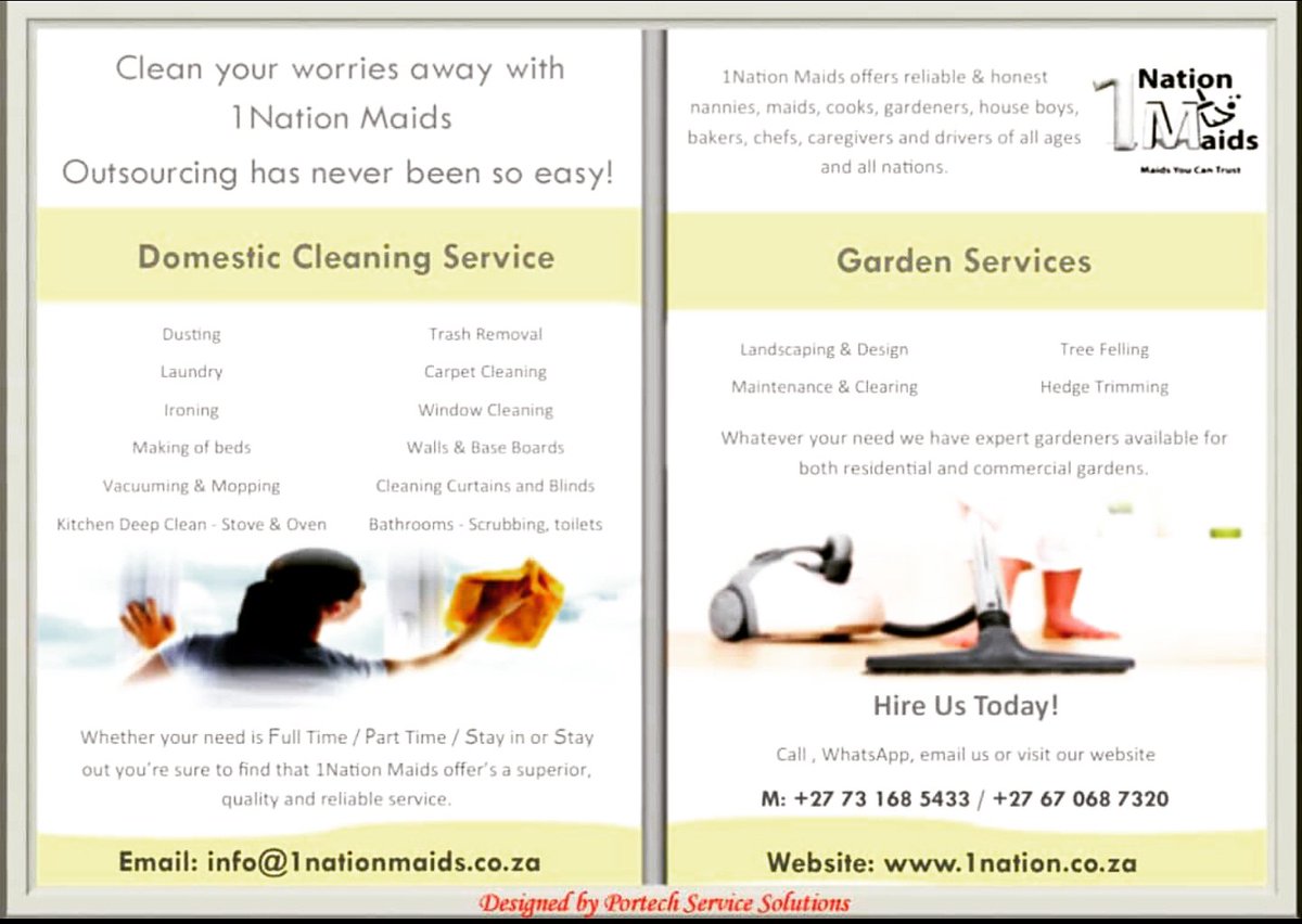 PortechService's tweet image. Clean your worries away with @1Nationmaids. Don't Delay, contact Lefa for your free quote today on 073 168 5433 or 067 068 7320. This ad is brought to you by Portech Service Solutions! #cleans #Johannesburg #Durban #Portelizabeth #pretoria #mpumalanga #bloemfontien #easterncape