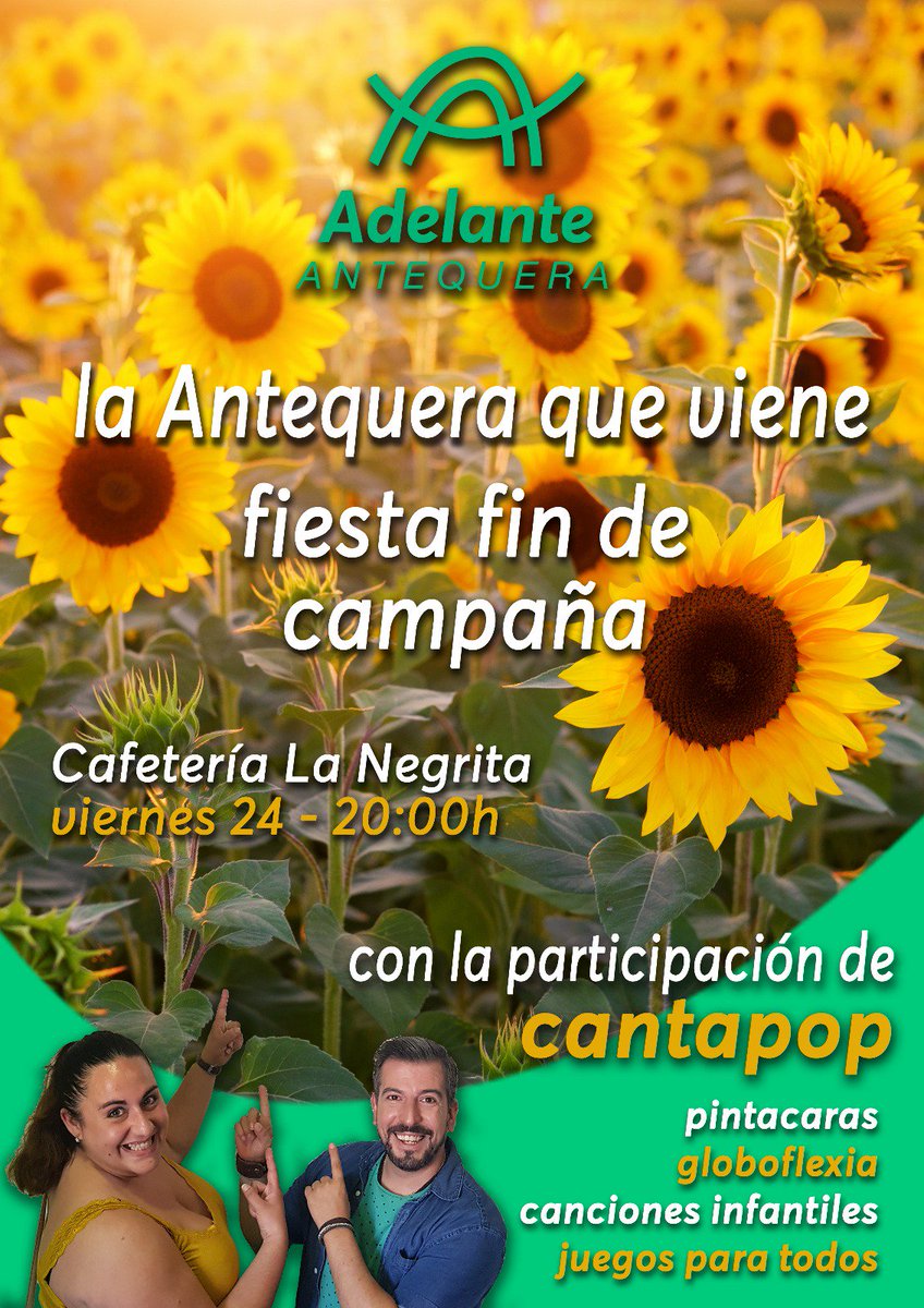 iuantequera's tweet photo. 🎉 Fiesta fin de Campaña 🎊
Viernes 24 de Mayo a las 20:00 horas, en Cafetería la Negrita !!
Porque #Antequera quiere un cambio cultural, político y social !!
Fran Matas es el VOTO ÚTIL para Antequera, el voto de la igualdad, la tolerancia, el respeto y la dignidad !! https://t.co/FwwmWLu21o
