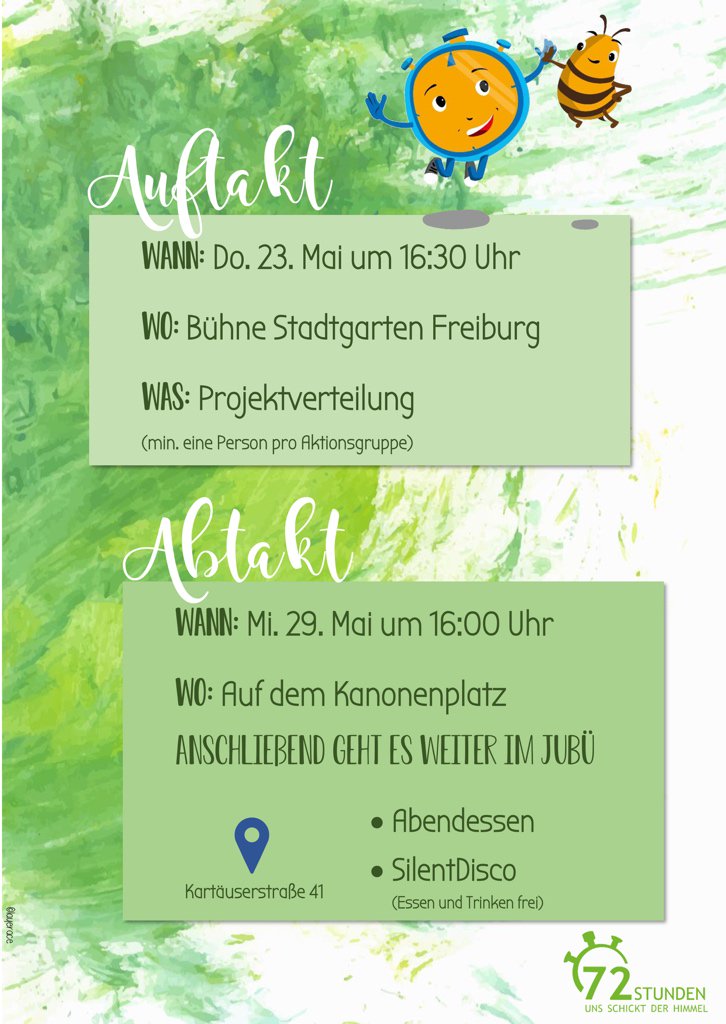 Morgen findet um 16:30 Uhr im Stadtgarten die offizielle Auftaktveranstaltung zur #72h-Aktion im Dekanat #Freiburg statt. Herzliche Einladung!