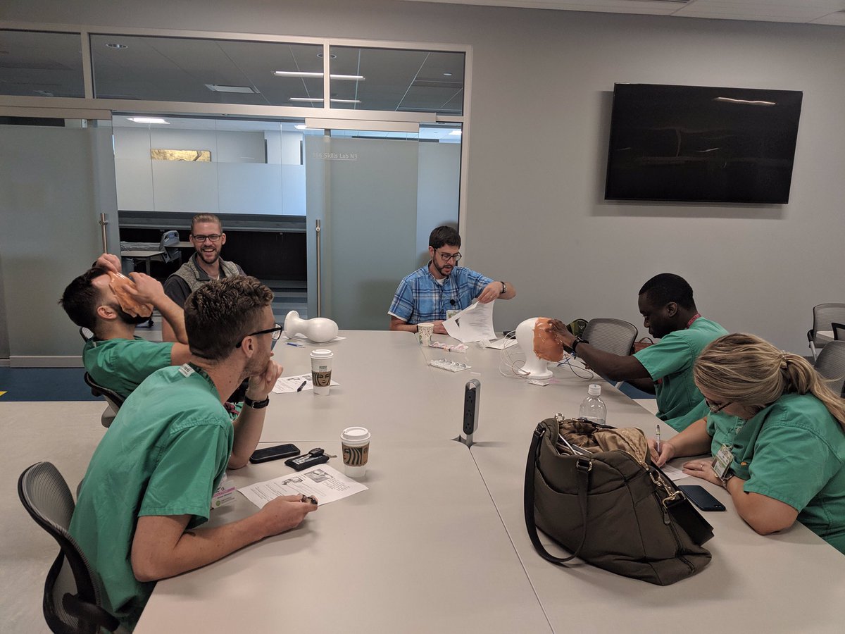 GreenvilleSCEM's tweet photo. Dr. Moschella teaching the residents &amp; AIs about facial nerve blocks during the monthly procedural session (and obviously the usual shenanigans). Don’t forget to warn your patients about delayed periorbital ecchymosis with supraorbital blocks!! #weeklyconference #foramens #spaday https://t.co/M8EK6ZXXPN