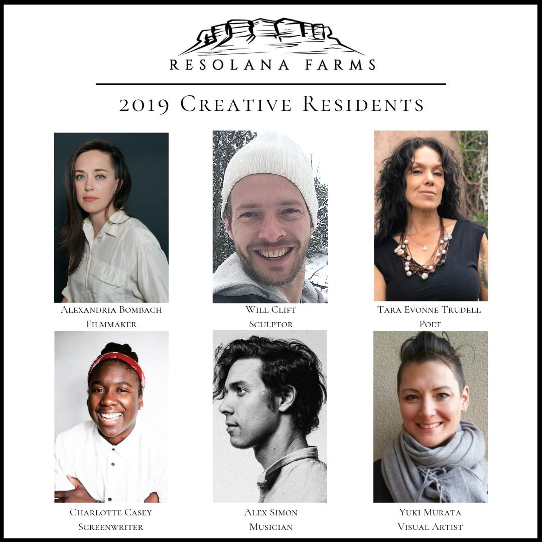 Excited to announce our 2019 Creative Residents at Resolana Farms! Six artists were selected. They include Alexandria Bombach, Charlotte Casey, Will Clift, Yuki Murata, Alex Simon, and Tara Evonne Trudell. For more info: resolanafarms.org | info@resolanafarms.org