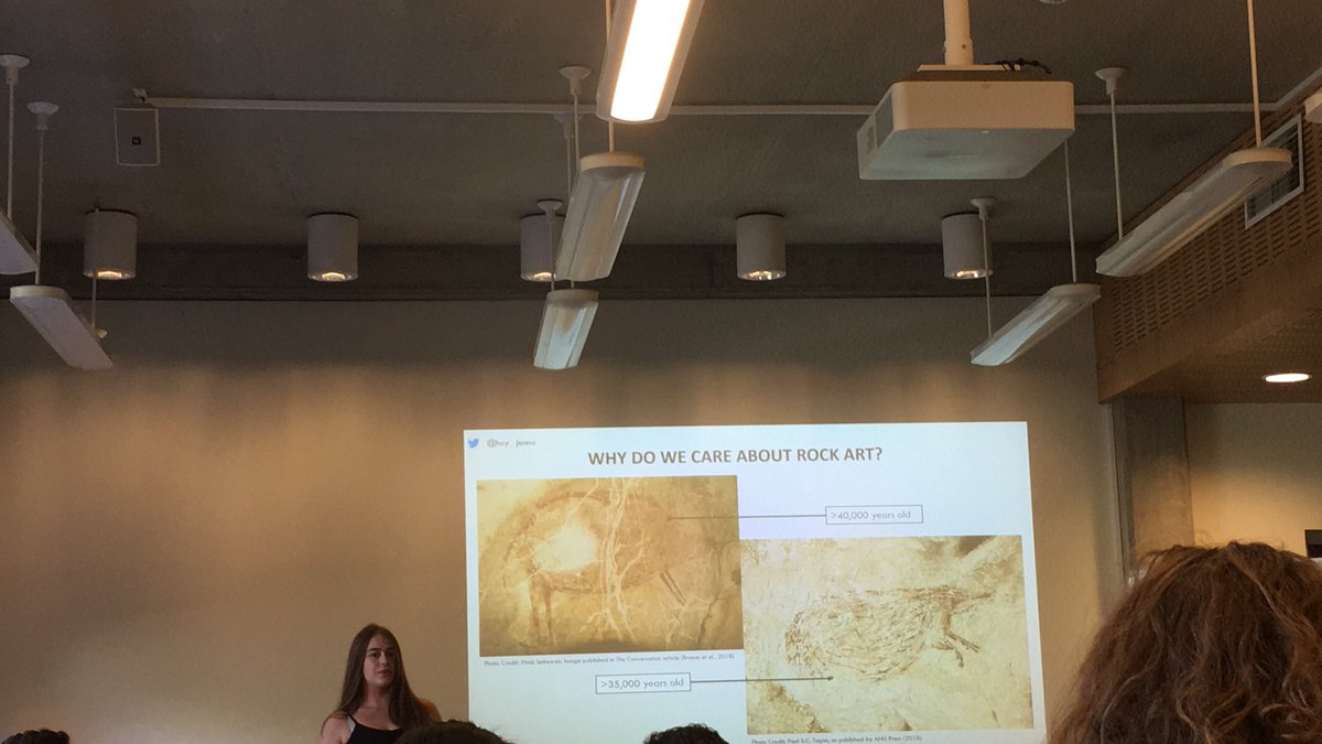 YanqunH's tweet photo. Jenna is talking about the problem of rock art. May be by her project can help Australia know the age of rock art.#UnimelbScicomm https://t.co/HiAjva48pm