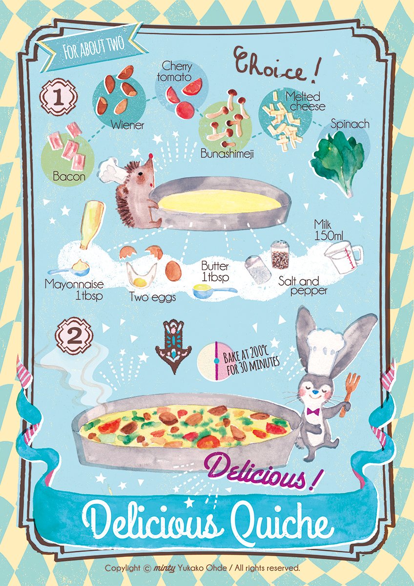 おおでゆかこ 絵本作家 イラストレーター 卵料理の日 簡単キッシュの作り方 Delicious Quiche 好きな具材と卵汁を混ぜて0度のオーブンで 30分焼くだけ レシピ イラスト キッシュ Illustration
