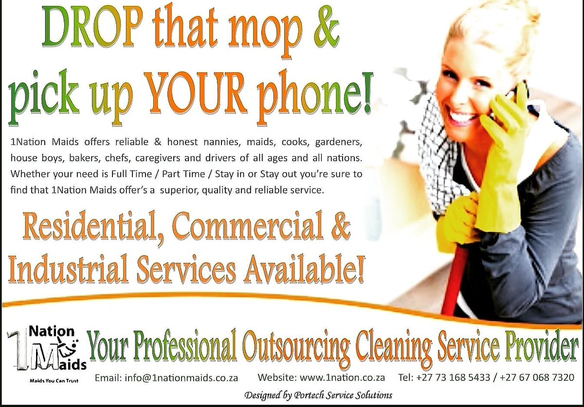 PortechService's tweet image. Drop that mop and pick up your phone to  discover world of 1Nation Maids! Don't Delay, get your free quote contact Lefa @1Nationmaids on 
073 168 5433 or 067 068 7320. This ad was brought to you by portech service solutions!#cleaningroutine #cleans #clean #cleanhouse