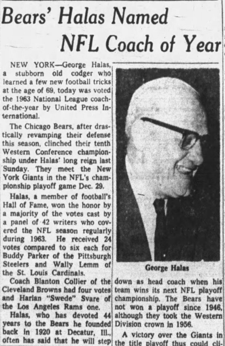 on the hunt for some '63 Bears info and found this  @Daily_Chronicle story on Papa Bear winning  @UPI NFL Coach of the Year.12 days later, his Bears won the '63 championship. @WCGridiron