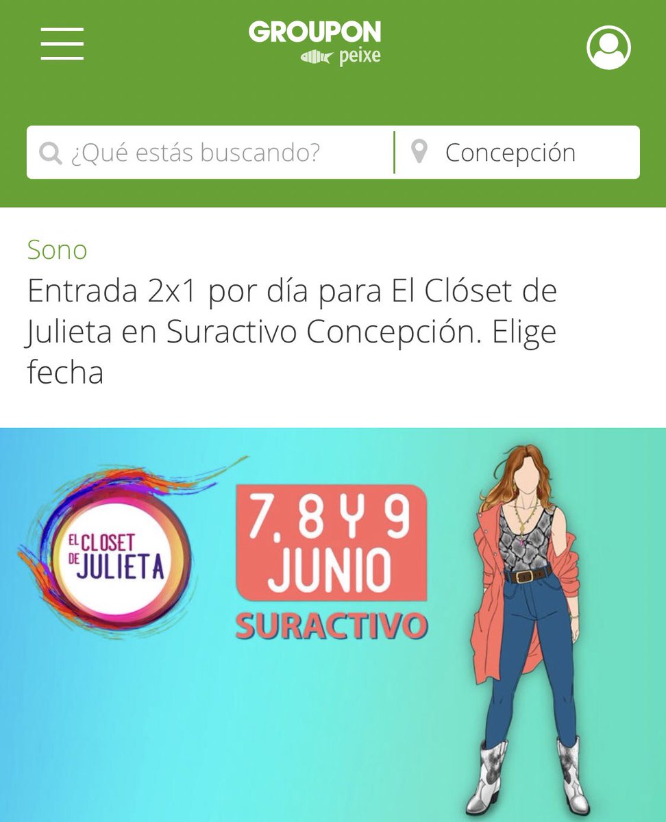 ¡Ya estamos en @Groupon__CL! Compra tu entrada 2x1 para el Closet 💖 más grande del centrosur de 🇨🇱 

Nos vemos el 7, 8 y 9 de junio 🍂 🍁🍃en <a href="/centrosuractivo/">Suractivo</a> 
#TodosSomosJulieta 

Compra aquí groupon.cl/deals/sono-bol…