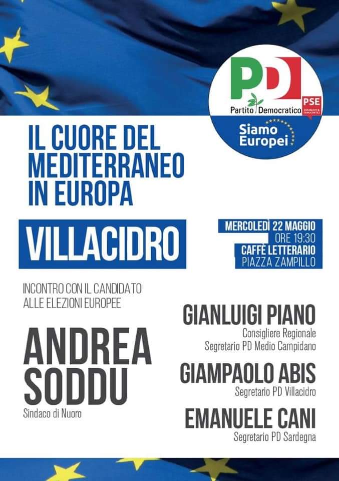 Oggi pomeriggio, dopo l'incontro a Quartu, Andrea Soddu sará a #Villacidro in compagnia del segretario PD Sardegna, <a href="/emacani/">Emanuele Cani</a>, Gigi Piano e Giampaolo Abis, per discutere con voi di #Sardegna e #Europa. Appuntamento per le 19.30 al Caffè Letterario di Piazza Zampillo. #Europee2019