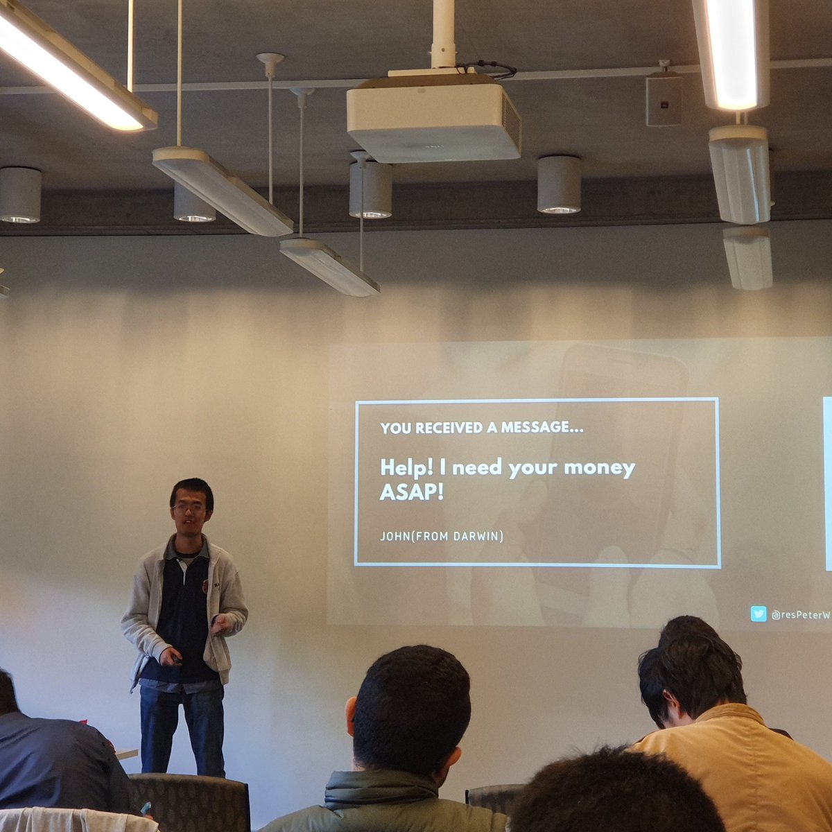 Yanting_48's tweet photo. @resPeterW gives us a speech about distinguishing the bad guys from potential friends. Machine learning is becoming more important and definitely would play a  significant role in the future.
#unimelbscicomm https://t.co/OyKM3gKRjB