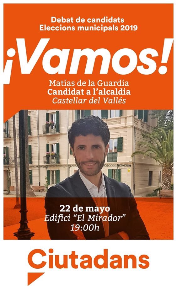 Cs_Castellar's tweet photo. 🗣️ @AntoniodelaGuar , nuestro candidato a l'alcaldia, en el "Debat de Candidats. Eleccions Municipals 2019." 
🏛️ Salón de actos edificio El Mirador.
⏰19:00 horas.
¡Te esperamos! https://t.co/NJt5vQbU8D