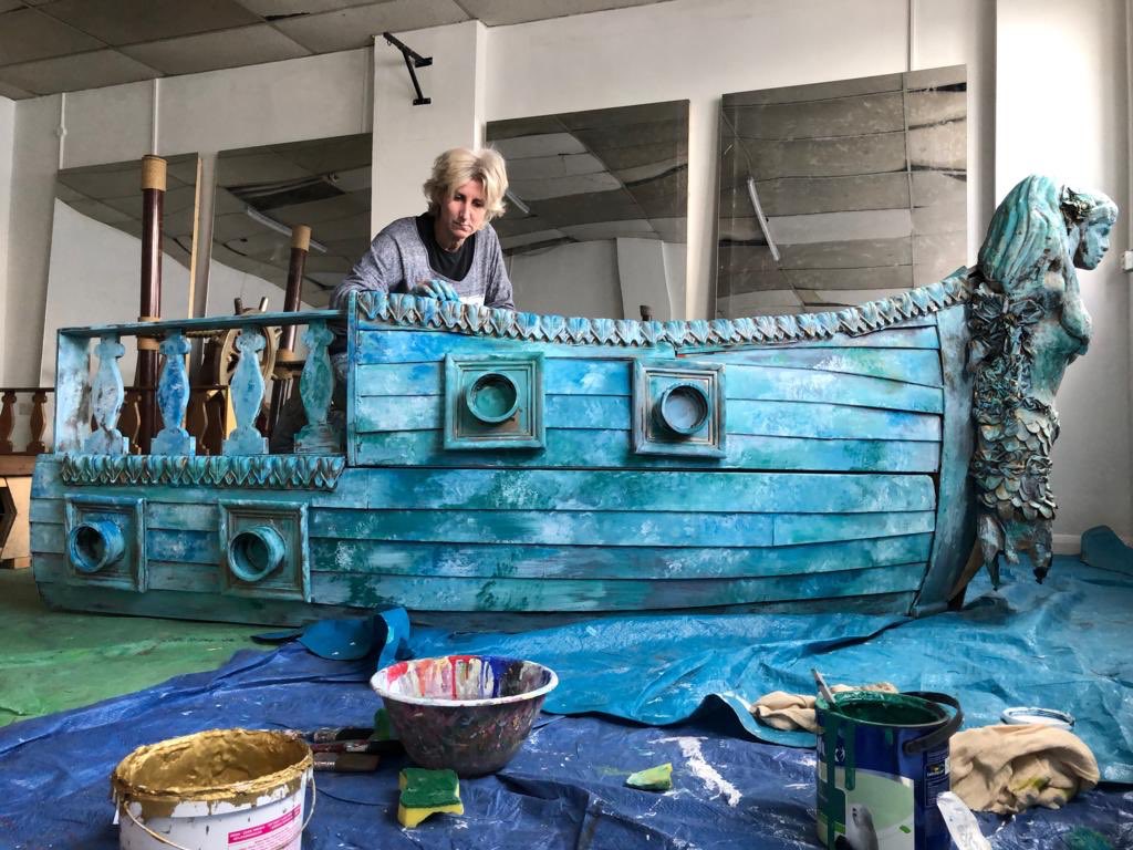 Our Pirate Ship is being transformed into a sunken ship wreck!  Looking very cool. #prophire #setbuild #pirateship #setdesign #Eventprofs