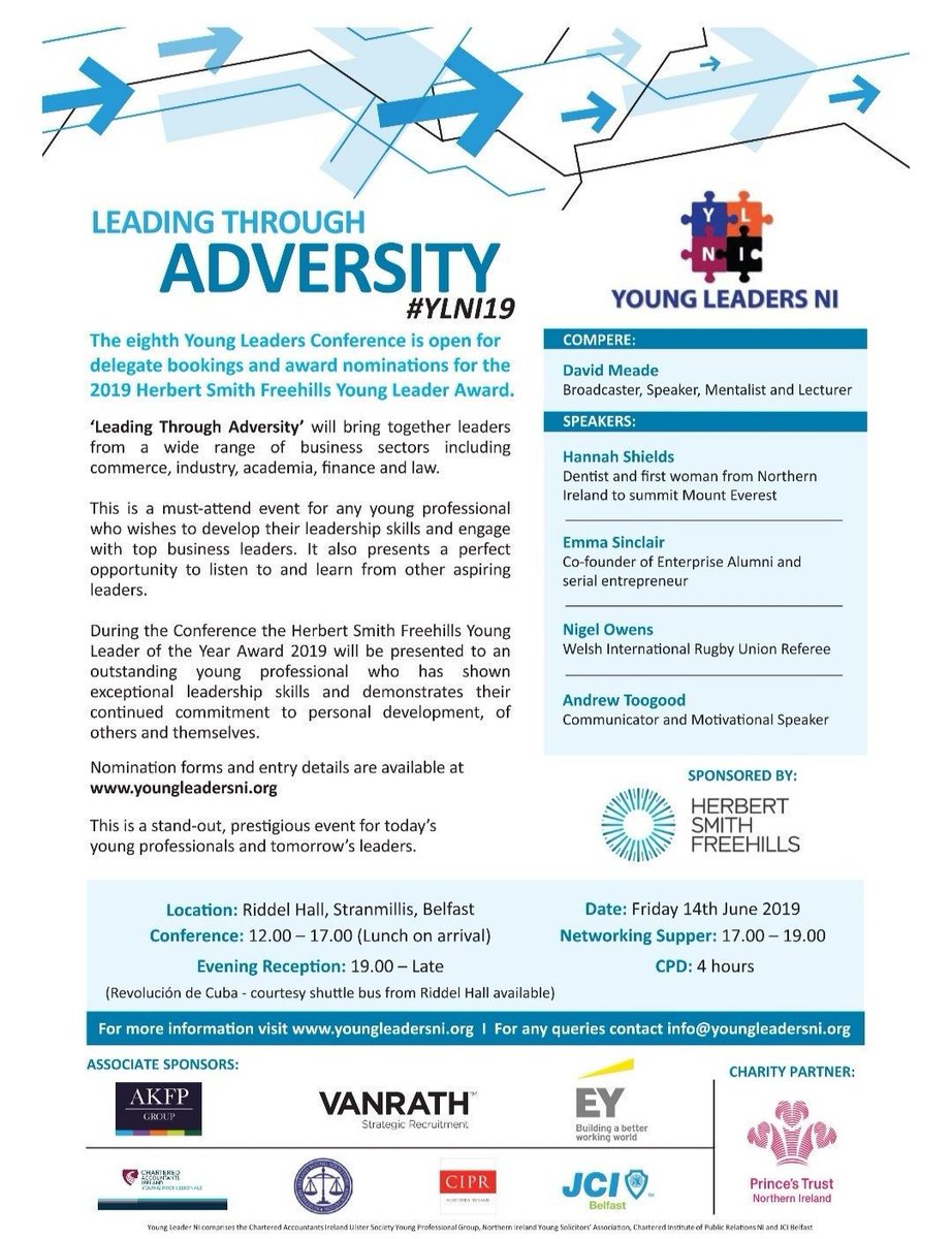 LeadersNI's tweet photo. Just over 3 weeks until our #YLNI19 Conference themed 'Leading Through Adversity' with speakers @Nigelrefowens Andrew Toogood, Emma Sinclair, Hannah Shields with @DavidMeadeLive as compere! Roll on Fri 14 June! BOOK TODAY @ https://t.co/hUdU3TQxvU https://t.co/kce0p7GoOc