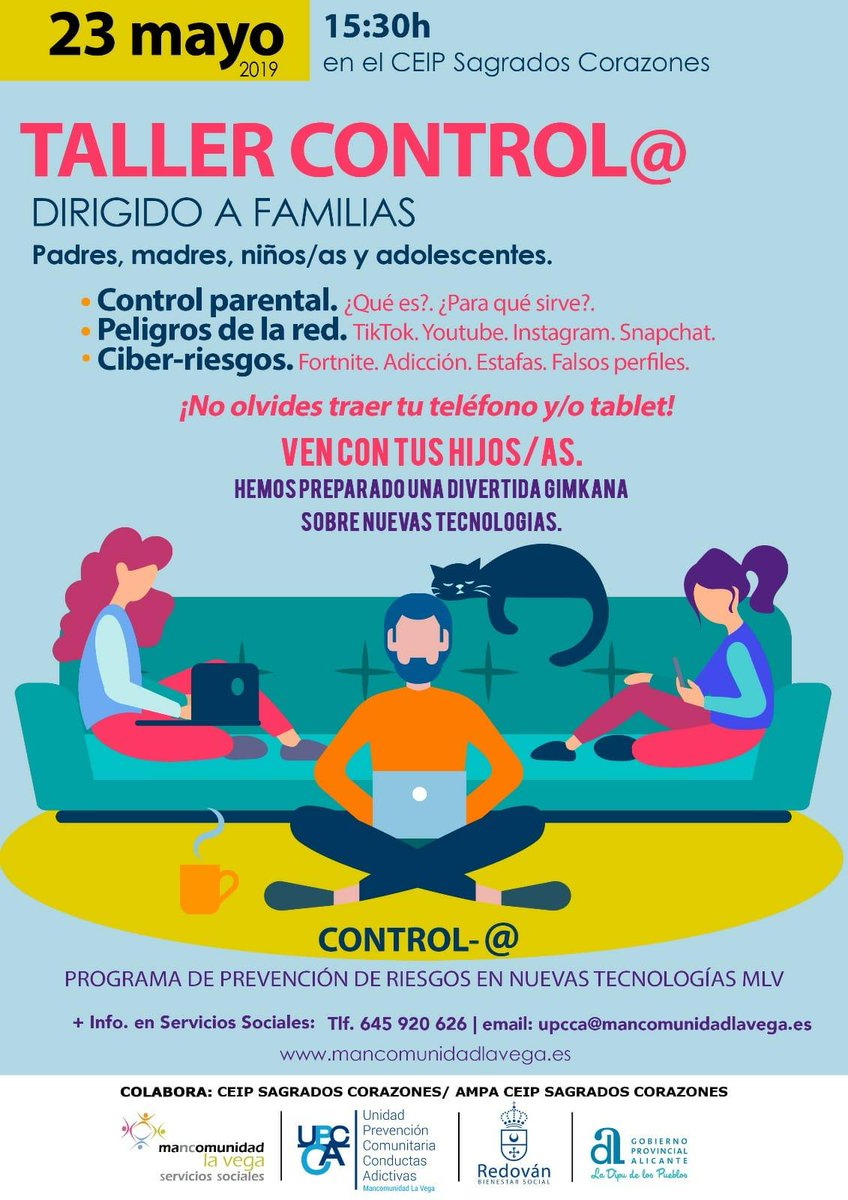 aytoredovan's tweet photo. ✅El CEIP Sagrados Corazones de #Redován acoge mañana un taller sobre el uso de nuevas tecnologías por parte de los menores 🎮📱💻 organizado por @MLVlavega #ServiciosSocialesRedován @dipuAlicante #UPPCA.
Inscripciones ➡️ https://t.co/jgqhJGwvDZ https://t.co/QVQUJ6vfi3
