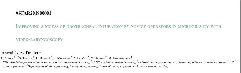 StarckClement's tweet photo. Proud to present our work at the next french congress of anesthasia @SFAR_ORG  about intubation in microgravity @seam_thi  @AirZeroG  @CNES @EsamGroup @CcileBern @matkomorowski @ExplorationMed  @ESA_HQ https://t.co/dM41xI8Q3m