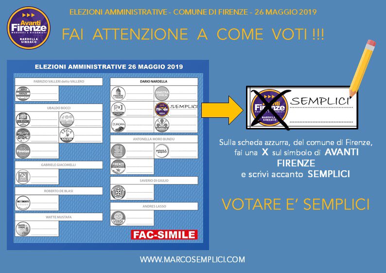 semplicifi's tweet photo. Domenica 26 maggio per il Comune di #Firenze vota la lista civica #AvantiFirenze e scrivi #Semplici. Il tuo voto, il mio impegno! #VotarèSemplici
#NardellaSindaco https://t.co/hoAdwEVpVb