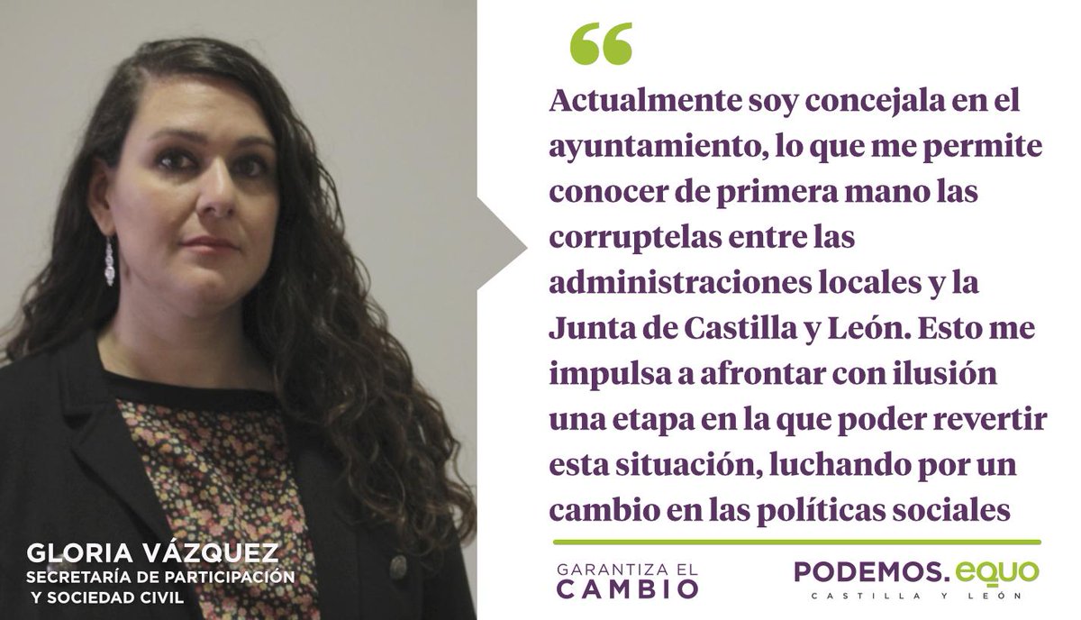 Podemos_CyL's tweet photo. Conocer de primera mano las corruptelas políticas y lanzarse con ilusión a revertir la situación y a impulsar el cambio.
Gloria Vázquez, candidata a la alcaldía de Arroyo de la Encomienda.
#GarantizaElCambio #PrimaveraCyL https://t.co/1xmpH5Ptao
