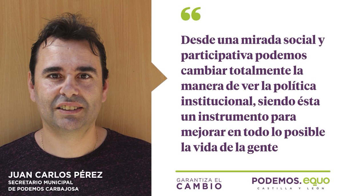 Podemos_CyL's tweet photo. "La política institucional es un instrumento para mejorar la vida de la gente"
Juan Carlos Pérez, candidato a la alcaldía de Carbajosa.
#GarantizaElCambio #PrimaveraCyL https://t.co/JKzXnQB82q