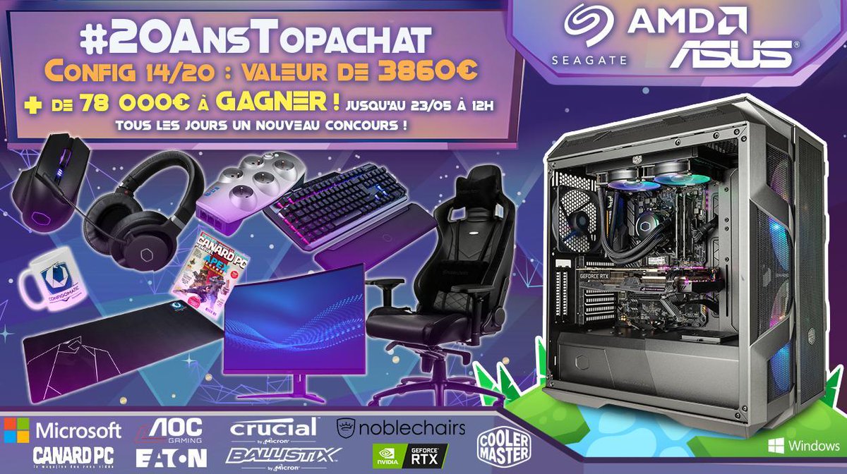 TopAchat's tweet photo. #20AnsTopAchat 
La nouvelle #Config14 et ses 3860 € de matos sont à gagner !

#RT !

https://t.co/2YVp0TJHdO https://t.co/vs508fLpjN