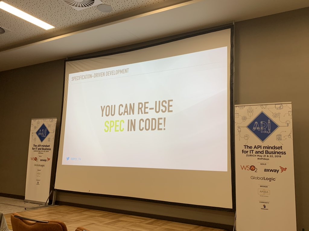 philsturgeon's tweet photo. Strong first slide from @ajaxy_ru, he’s not even started yet. 

This is entirely what specs are about. API Design-first isn’t just some “write your documentation before you can have your desert” nonsense it actually speeds up development &amp; makes APIs more reliable. #APIDaysZurich https://t.co/vjErk5p5jY