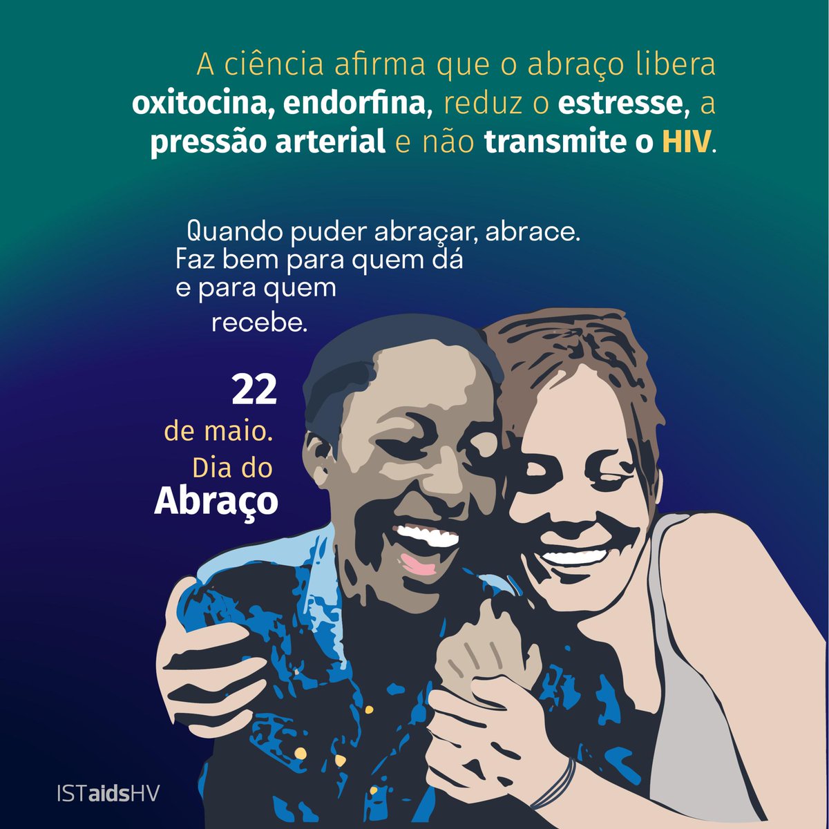 Está comprovado cientificamente: o abraço libera oxitocina e endorfina, reduz o estresse e a pressão arterial, cria vínculo emocional, ajuda na comunicação e não transmite o HIV. 

Quando puder abraçar, abrace. Faz bem para quem dá e para quem recebe. 22 de maio, Dia do Abraço.