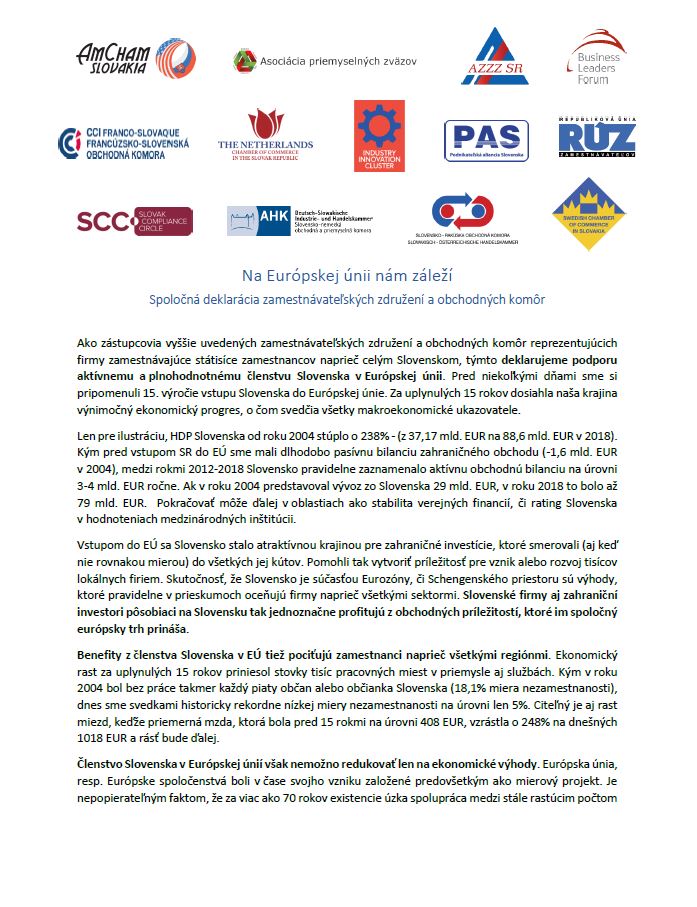 ZEKvSR's tweet photo. DEKLARÁCIA - Firmám na Európe záleží!
Zástupcovia zamestnávateľských združení a obchodných komôr reprezentujúcich firmy zamestnávajúce státisíce zamestnancov naprieč celým Slovenskom deklarujú podporu aktívnemu a plnohodnotnému členstvu SR v EÚ. ⬇️⬇️⬇️
#EUelections2019 https://t.co/pkoHy4tds4