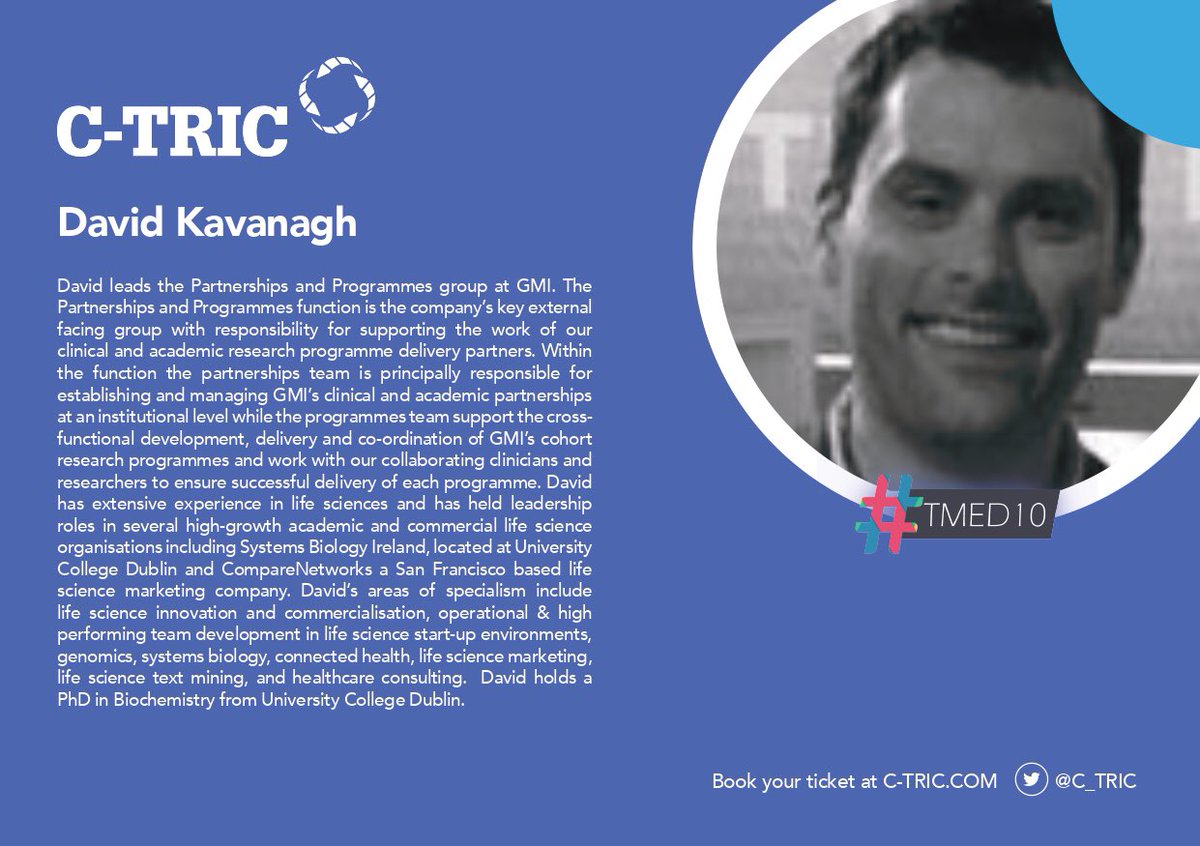 C_TRIC's tweet image. #TMED10 c-tric.com Looking forward to hearing from Dr David Kavanagh @dkavanagh @GenomicsMed - “Innovation Trends in Population Genomics” #Genomics #personalisedmedicine #clinicalresearch #Bioinformatics #HealthTech #populationhealth