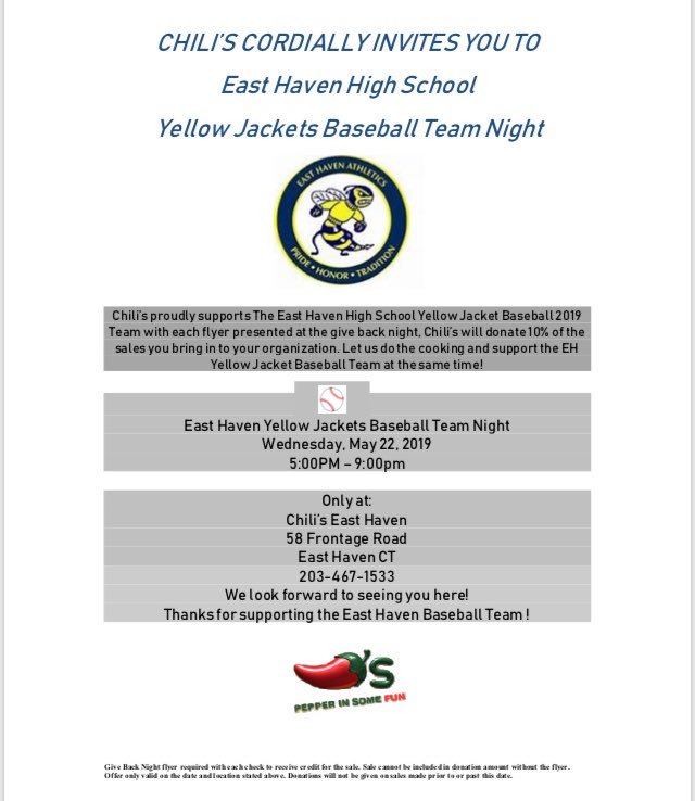 Come support your East Haven High School Baseball Team tonight @ Chili’s from 5PM-9PM⚾️⚾️