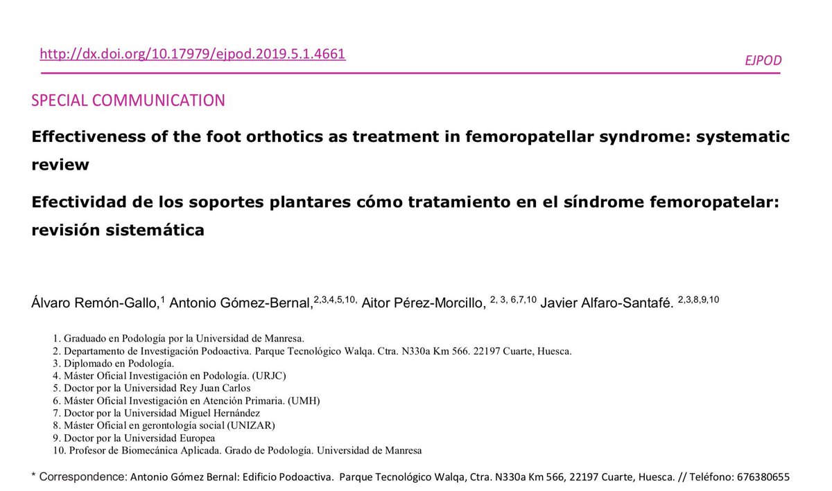 ℹ️Link al último trabajo del Dpto de #Investigación publicado en la European Journal of Podiatry.

✅Existe evidencia que las plantillas personalizadas son efectivas en tratamiento del síndrome femoropatelar.

📚📝#Biomecánica #Podología #Podoactiva

➡️revistas.udc.es/index.php/EJP/…