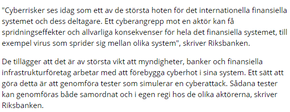 VA citerar Riksbanken om nästan finanskris och cyberhot