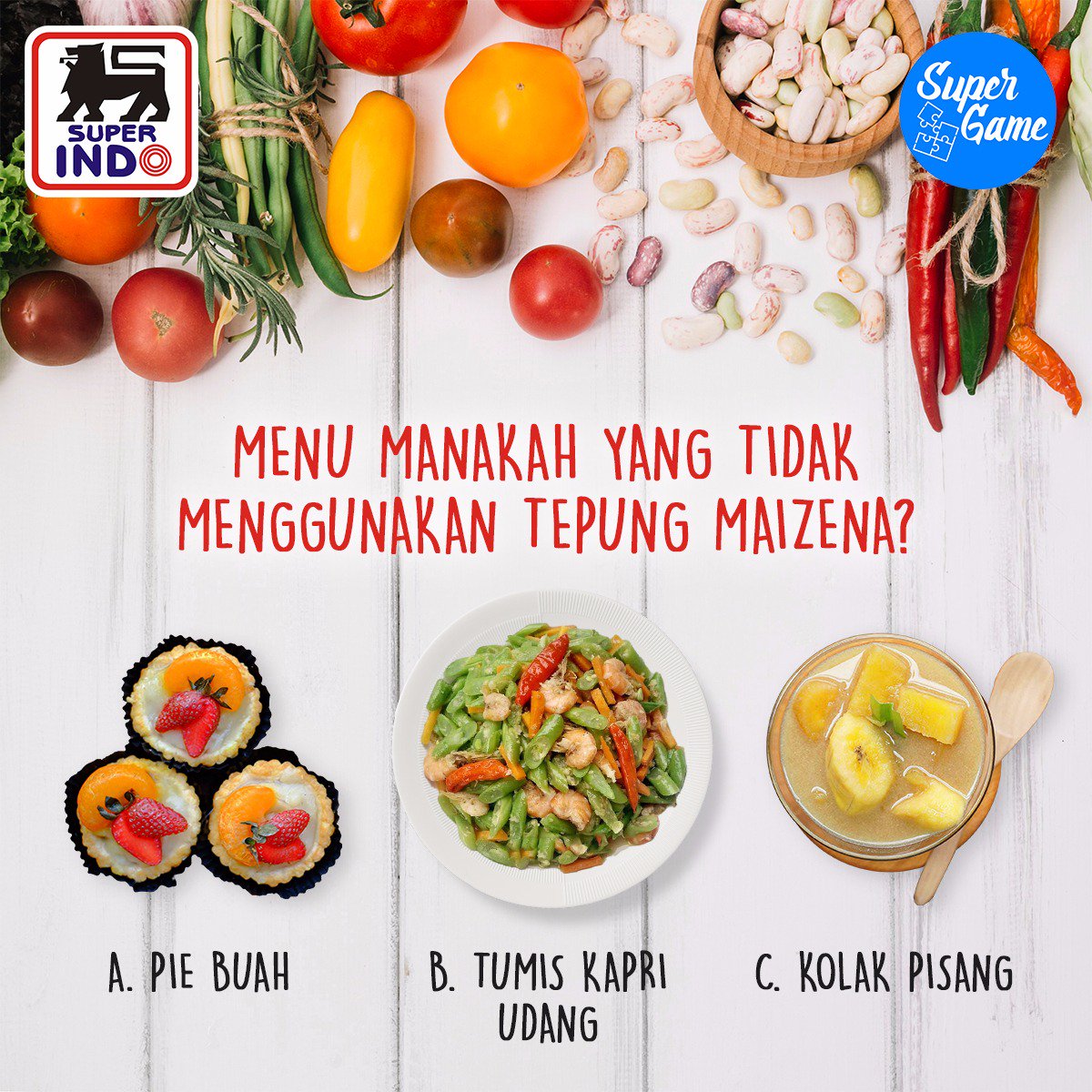 InfoSuperIndo's tweet photo. Tes pengetahuan masakmu dengan menjawab pertanyaan di gambar 😉 menu ini pernah ada di Super Recipe loh
1. Follow @InfoSuperIndo
2. RT post ini
3. Tulis jawaban beserta #SuperIndo #SuperGame
4. Tag 3 teman
5. Ditutup 23 Mei 2019 jam 11.59 WIB.
#SuperIndo #SuperGame #KuisBerhadiah https://t.co/V7jrGadBoO