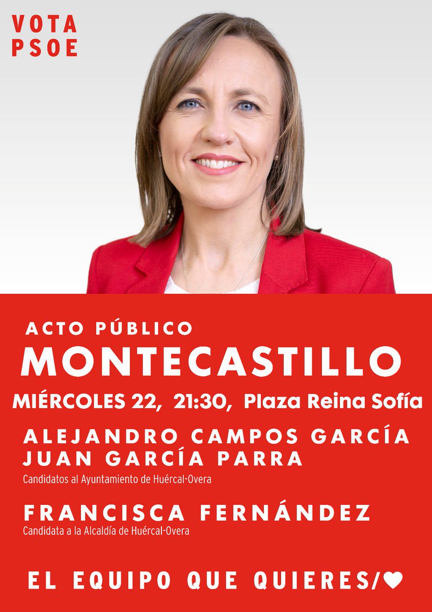 PSOEHOVERA's tweet photo. Hoy nos vemos en Montecastillo. 

Contamos contigo. #HuércalOvera merece un cambio y el cambio se llama #FranciscaFernándezOrtega. 
#VotaPSOE 
#VotaFranciscaFernández/❤ https://t.co/UvIrD16SaF