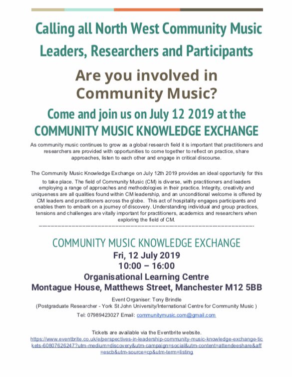 vocalproduce's tweet photo. Really pleased to announce that @NKHsoundLINCS will be presenting at the Community Music Knowledge Exchange in July. Tickets available for this one day conference (see below) #communitymusic #events #leadership #manchester #MAresearch https://t.co/jdMlMLuiUc