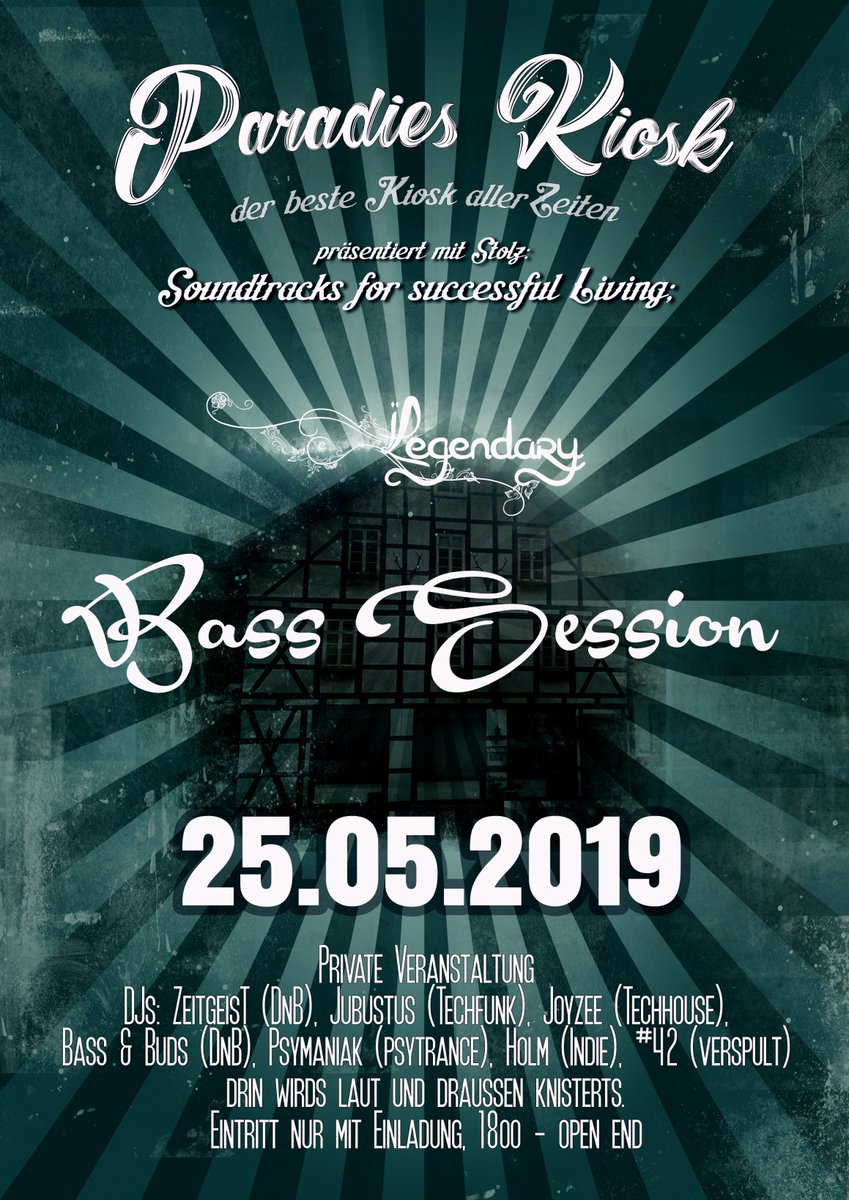 paradieskiosk's tweet image. Legendary Bass Session

25.05.2019 ab 18oo - o.e.
#drumnbass #techhouse #techfunk #psytrance #verspult

Eintritt nur mit Einladung, #ccc Mietgliedschaft (bzw Umfeldsnachweis)
#herzberg #harz #paradies #goettingen