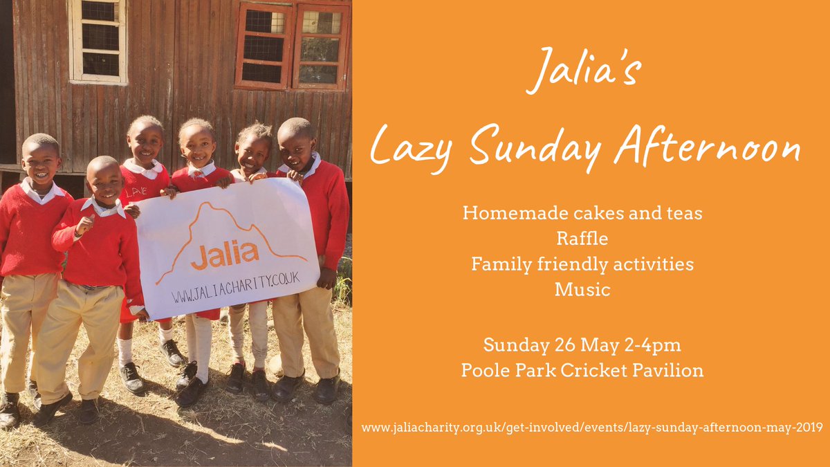 Join us for cake, coffee, kids activities and an awesome raffle this Sunday in Poole Park cricket pavilion. 
jaliacharity.org.uk/get-involved/e… #Kenya 
@PooleParkLife @Dorsetmums @LetsGoOut_BH @Chestnut2001 @WhatsOnInPoole