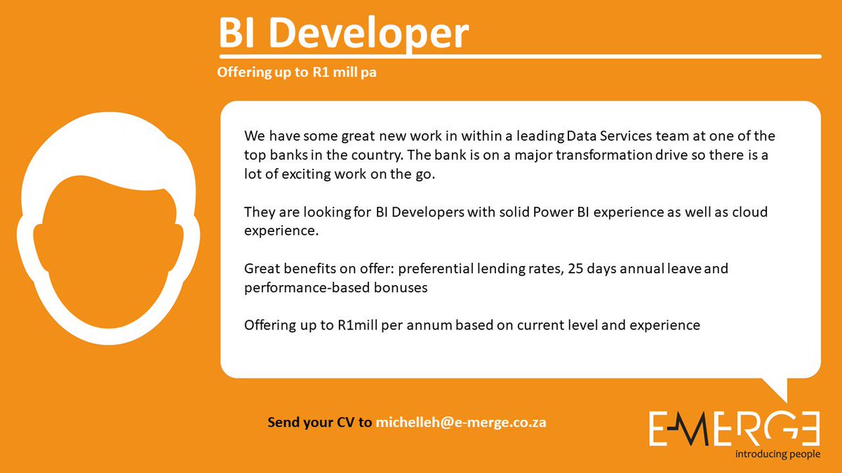 emerge_recruit's tweet image. Looking to work in the banking industry with great benefits on offer? A top bank is looking for BI Developers, they have R1 mill on offer 

Send your CV today to michelleh@e-merge.co.za  
#goodpeoplegetgoodjobs #BIdevelopers #dev #itjobs #itjobsSA #powerBI #banking